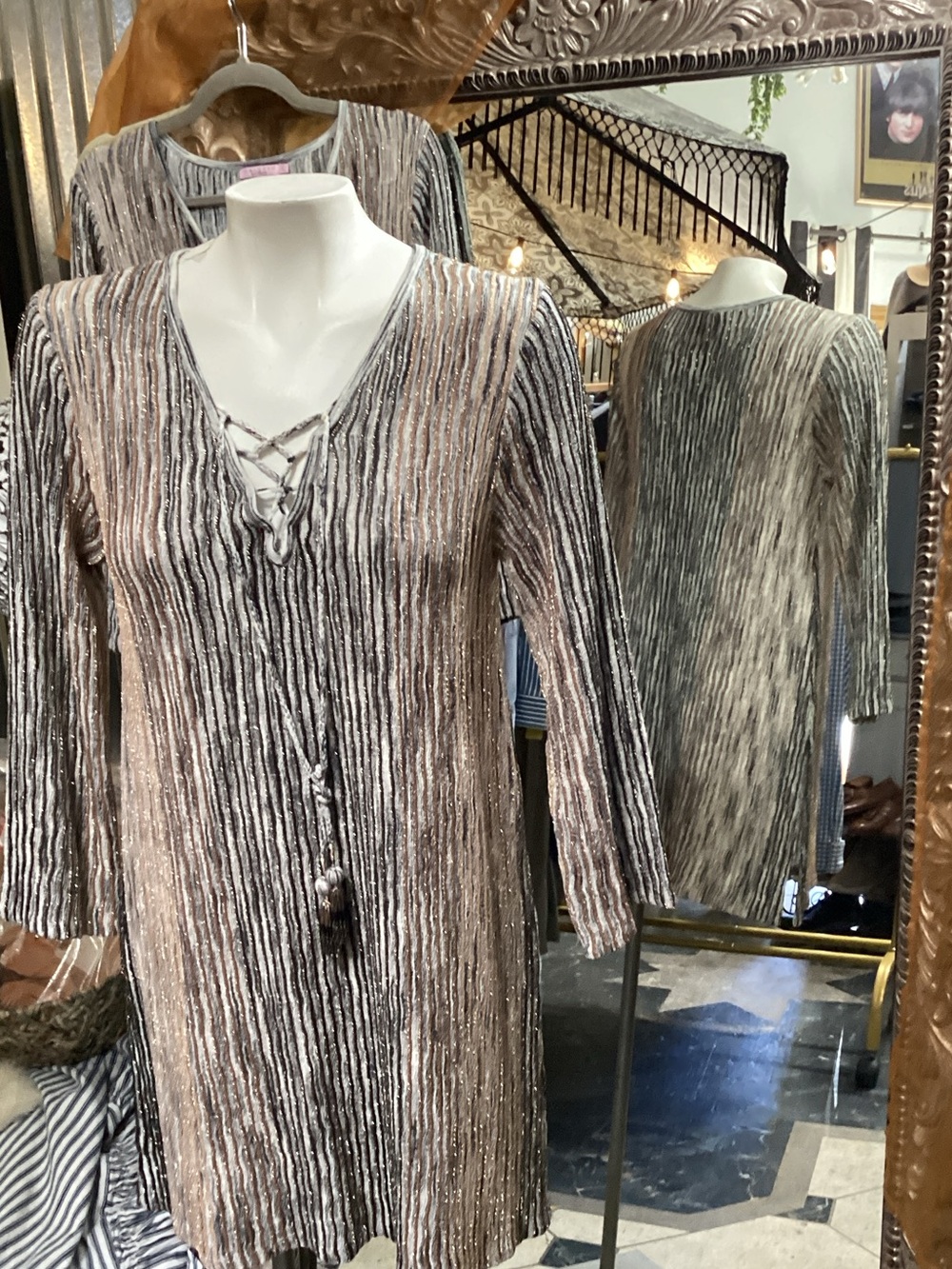 Calypso St. Barth Striped Metallic Lace-Up Top/ dress. Silver & Cream